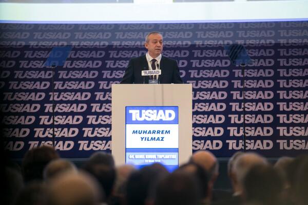 Turkish Industry and Business Association (TÜSİAD) president Muharrem Yılmaz speaks during the group's 44th annual general asembly meeting in Istanbul